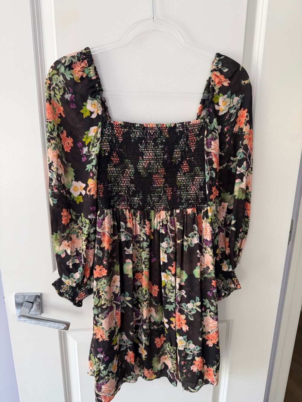 Alice + Olivia Black Floral Smocked Mini Dress